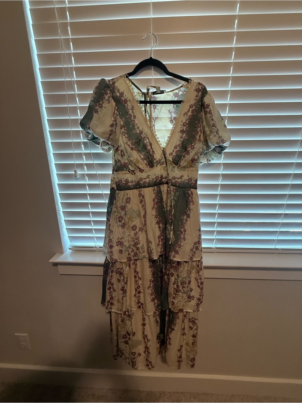 Francesca's Collections Floral Wrap Tiered Maxi Dress in Cream and Green